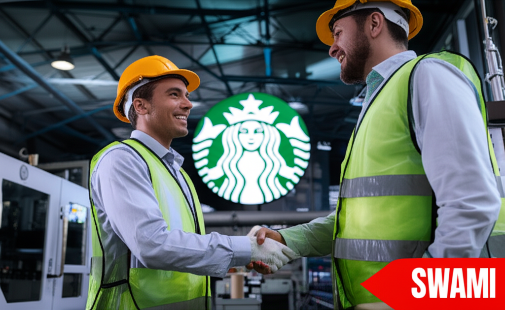 smiling engineers from both companies shaking hands in a modern factory, with a large illuminated Starbucks logo in the background and a red “SWAMI