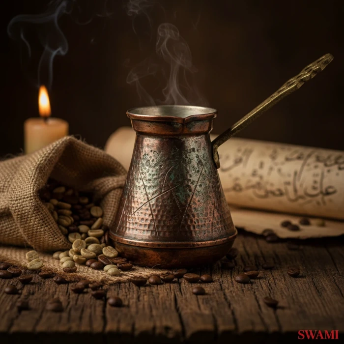 عکس هنری و باکیفیت از قهوهجوش مسی قدیمی عثمانی و دانههای قهوه پراکنده روی میز چوبی، نمادی از تاریخ ممنوعیت قهوه در قرن ۱۶.