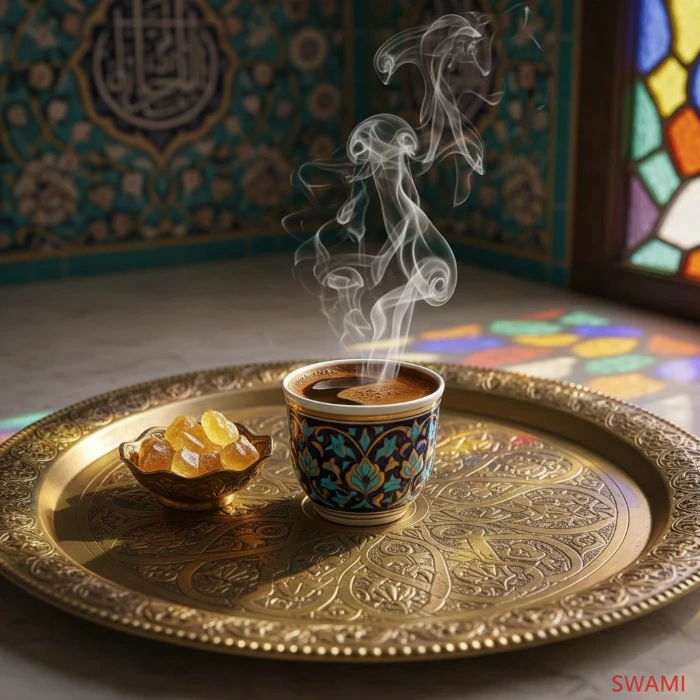 این تصویر برای بخش «ایران صفوی» طراحی شده است؛ ترکیبی از زیباییشناسی ایرانی، نور و رنگ که نشاندهنده پذیرش فرهنگی قهوه در ایران است.