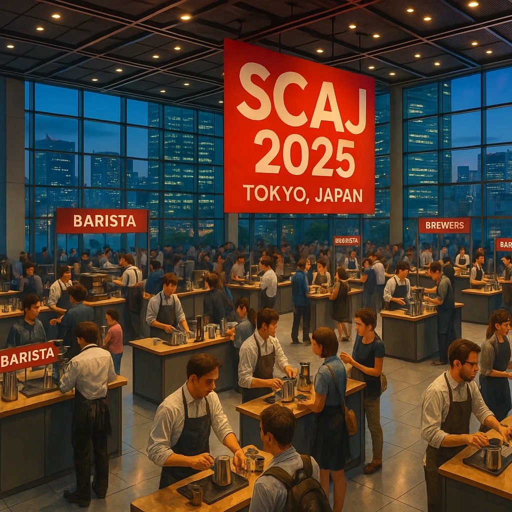 High-detail wide shot of the SCAJ 2025 event in Tokyo, Japan, showing barista & brewers bar stations, coffee professionals and visitors interacting, modern exhibition hall, vibrant lighting, Tokyo skyline visible through glass walls, red “SWAMI” watermark in the bottom right corner