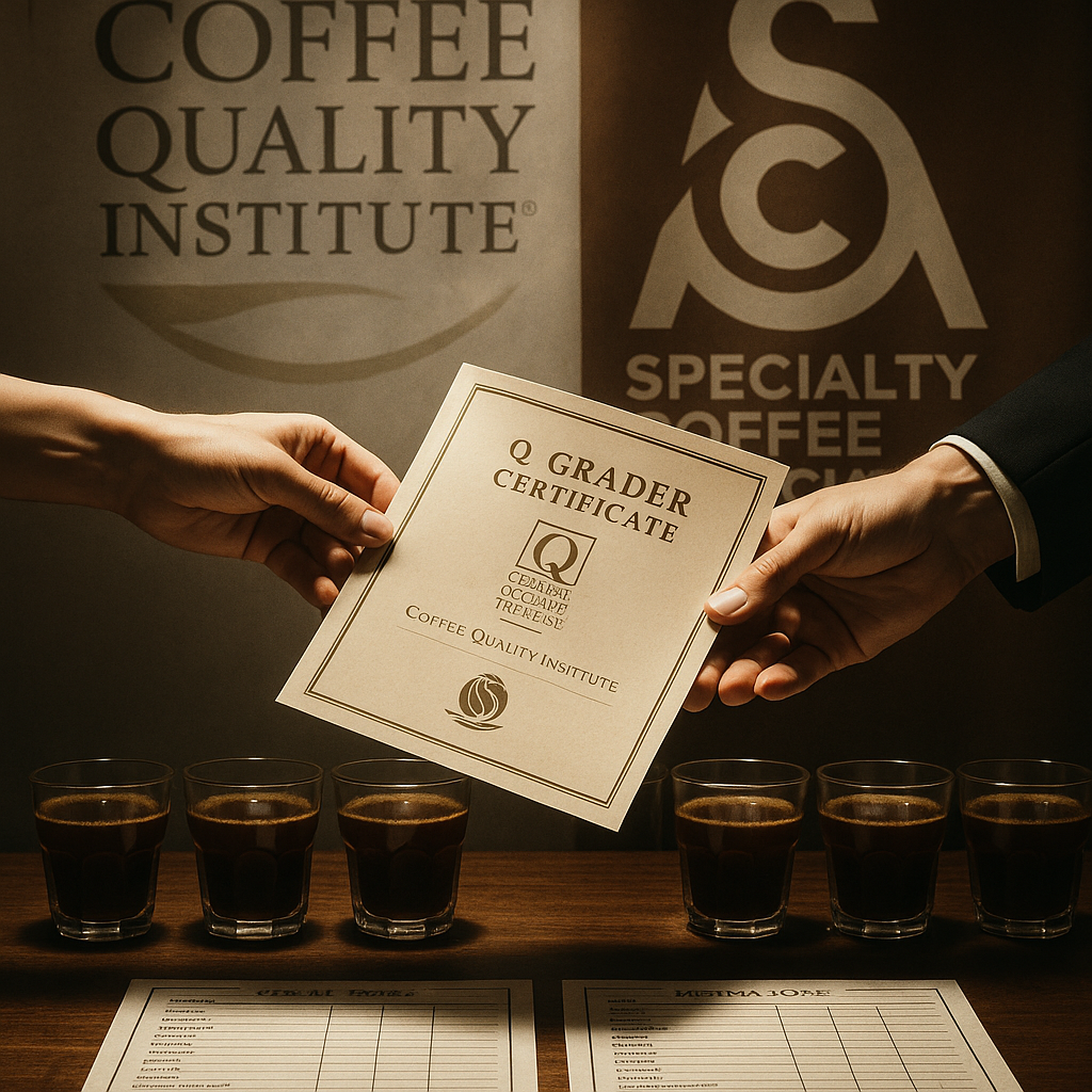 «صحنه‌ای نمادین از انتقال گواهینامه Q Grader از دست نماینده Coffee Quality Institute به نماینده Specialty Coffee Association، با شش فنجان قهوه cupping روی میز و برگه‌های ارزیابی، پس‌زمینه با لوگوی هر دو موسسه و واترمارک قرمز SWAMI