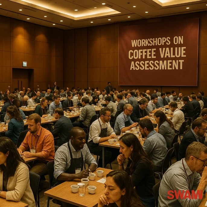 A high-resolution photo of a modern conference hall in Busan, South Korea, filled with coffee industry professionals from around the world, engaging in workshops about coffee value assessment, warm lighting, banners with Coffee Value Summit branding, professional photojournalism style, red “SWAMI” watermark in the bottom right corner