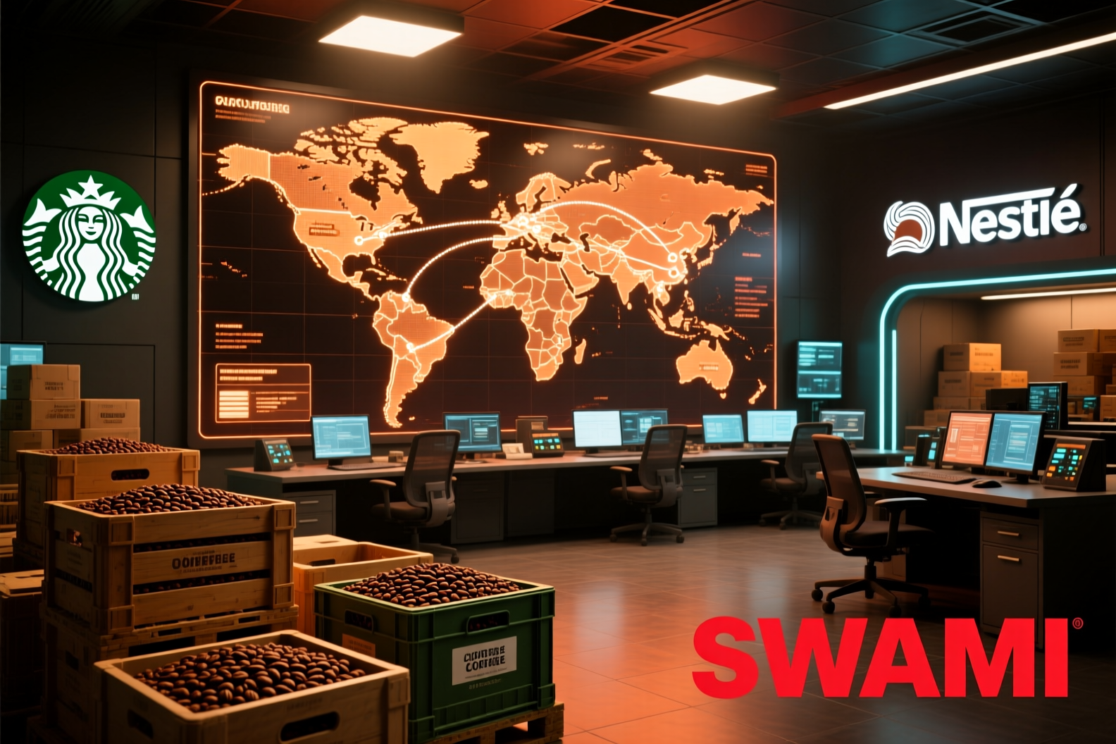 Ultra-realistic scene of a Starbucks and Nestlé logistics control room, massive holographic maps showing global coffee routes, crates of coffee beans, vibrant warm lighting, cinematic atmosphere, futuristic technology, lower-right red text “SWAMI”