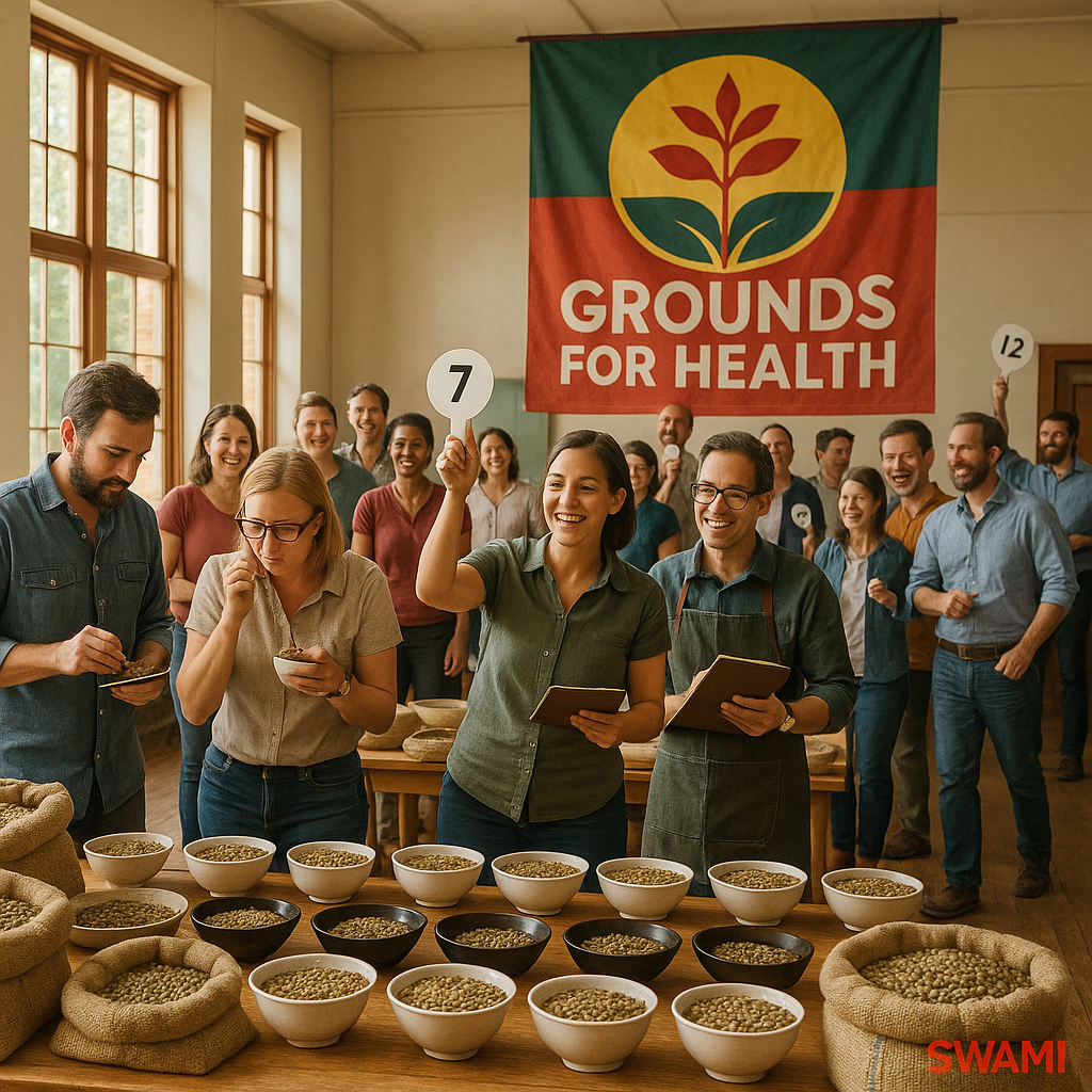 A vibrant coffee charity auction scene in a spacious community hall, tables filled with burlap bags and open cupping bowls of high‑quality green coffee beans, passionate coffee professionals and roasters evaluating beans, warm daylight streaming through large windows, colorful banners showing ‘Grounds for Health’ mission, people smiling and engaging in bidding, cinematic composition, high realism, natural colors, depth of field focus on coffee beans, with a red “SWAMI” watermark in the bottom right corner, sharp detail, 8k resolution.