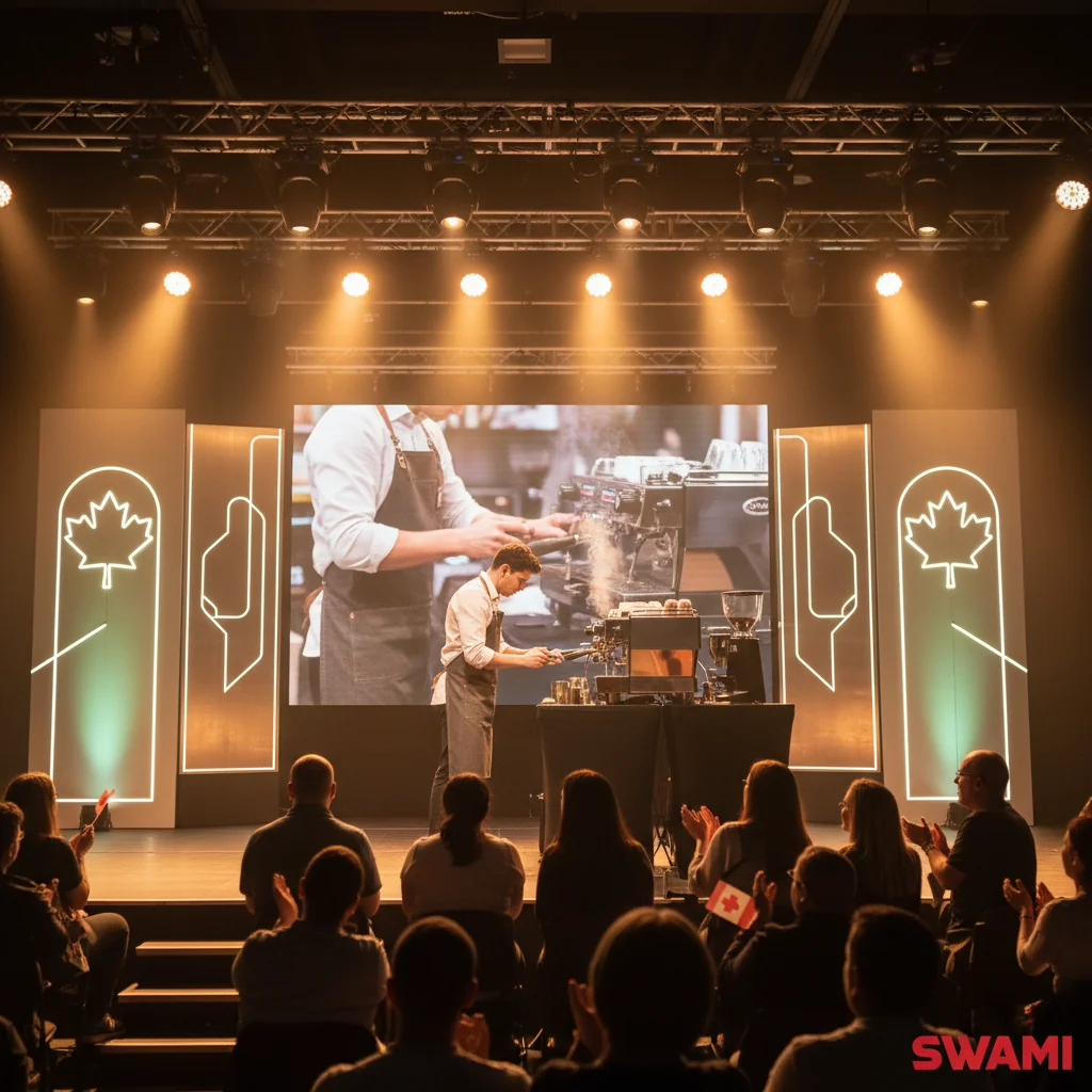صحنه مسابقه Canadian Barista Championship 2025 در ادمونتون؛ باریستا بر روی استیج با دستگاه اسپرسو کار می‌کند، نورهای صحنه و تماشاگران با پرچم کانادا، واترمارک قرمز SWAMI در گوشه پایین راست.