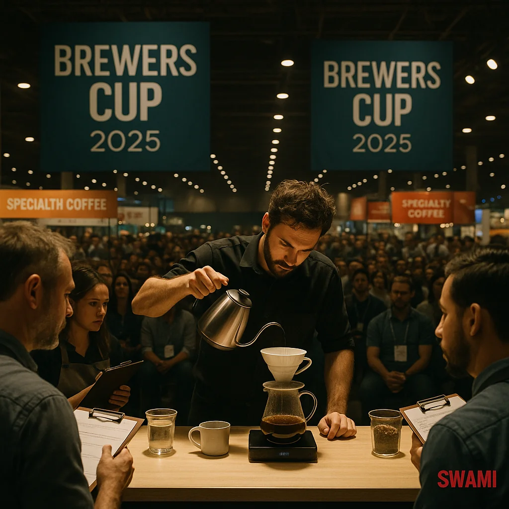 High‑definition photo‑realistic image of an intense Brewers Cup championship stage, competitor brewing coffee manually using V60, focused lighting on brewing table, judges watching carefully, vibrant specialty coffee exhibition background, banners reading “Brewers Cup 2025”, red SWAMI watermark bottom‑right.
