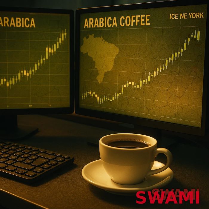 A cinematic, photo-realistic close-up of a coffee futures trader’s desk at ICE New York Exchange. Two large monitors display arabica coffee price charts rising slightly, with golden light reflecting on a cup of brewed arabica on the side — symbolizing market warmth and resilience. Background elements include faint outlines of Brazil’s map and drought cracks blending into the chart texture