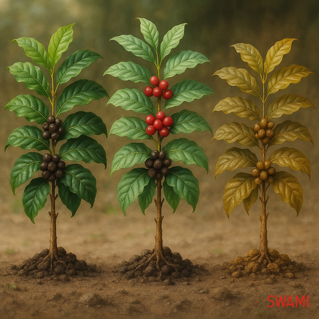 Five arabica coffee plant portraits in a character-lineup under soft farm light. Distinct leaf tones and bean textures: R1 tropical vibrant; R2 high-altitude chocolate-rich; R3 bright sweet; R4 earthy soils; R5 nutty golden; red SWAMI watermark bottom-right.” 