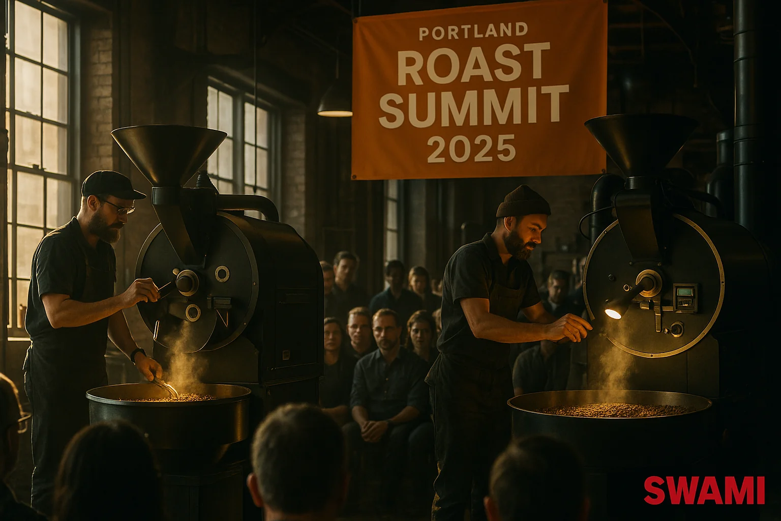 A cinematic, high‑detail coffee roastery scene in Portland during the Roast Summit 2025, with expert roasters adjusting advanced roasting machines, warm golden ambient lighting, industrial-meets-artisan style, subtle steam rising from freshly roasted beans, audience of coffee professionals watching closely, modern typography on banners “Roast Summit 2025”, red SWAMI watermark bottom‑right.