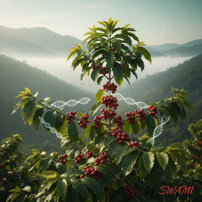 Cinematic square banner of a lush Arabica branch in soft morning light with subtle translucent DNA helices weaving through the leaves; misty Latin American mountains; pistachio and saffron palette; red ‘SWAMI’ watermark bottom-right.” 