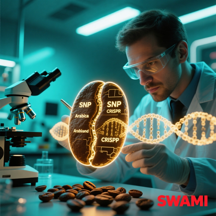 Artistic photorealistic close-up of a scientist analyzing Arabica coffee DNA in a modern lab, with holographic strands projected over a coffee bean (SNP & CRISPR); cool teal lighting with warm highlights; red ‘SWAMI’ watermark bottom-right.” 
