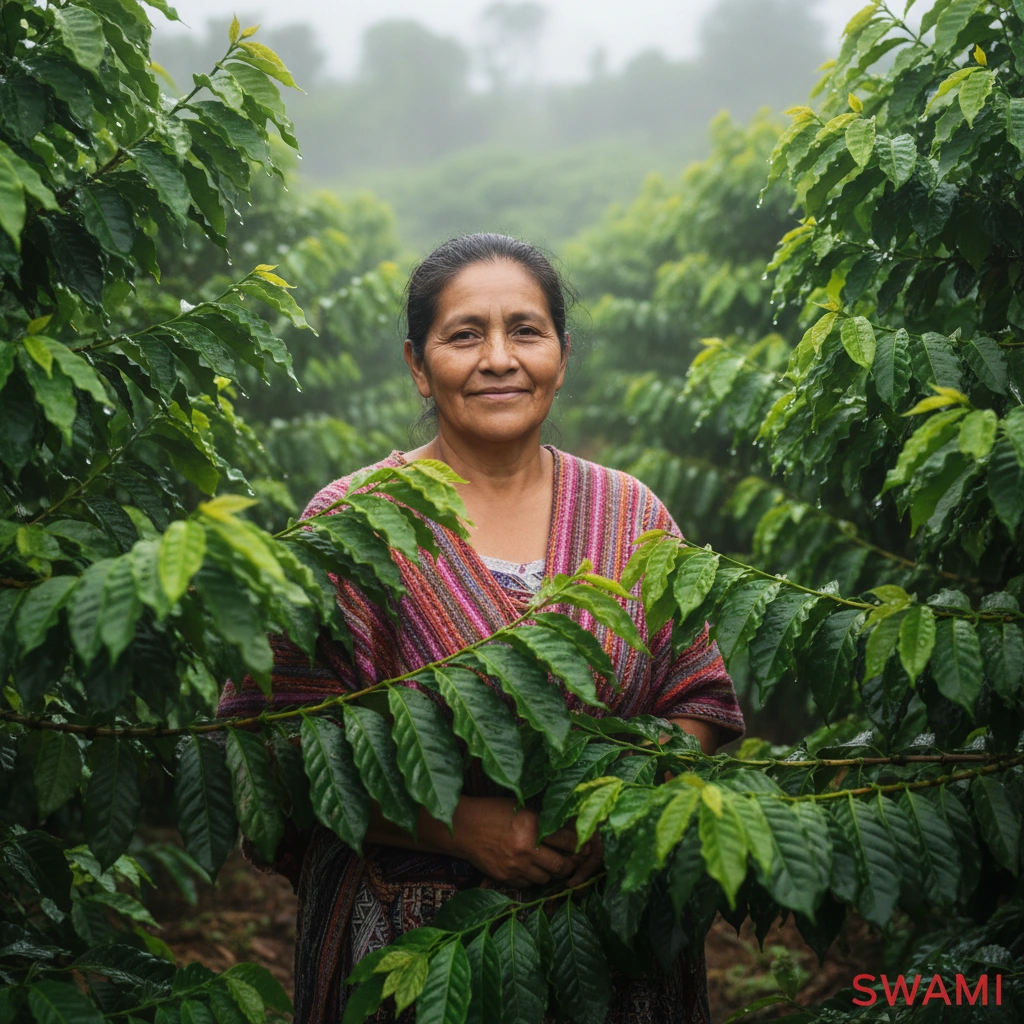 Photorealistic portrait of Maria Lopez, a Colombian coffee farmer, smiling among lush Arabica trees after rainfall; misty morning; red ‘SWAMI’ watermark bottom-right.”