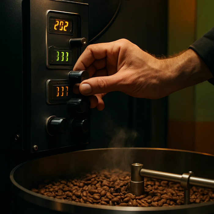 high‑detail close‑up of a professional coffee roaster’s hands fine‑tuning a drum roaster control panel; cooling tray filled with freshly roasted beans releasing gentle steam. Warm industrial lighting; color accents in saffron and pistachio; textures of brushed metal and matte black. Subtle depth of field on knobs and temp readouts. SWAMI watermark in red (#D0021B) bottom right