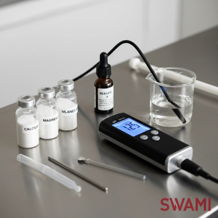 تصویر کلوزآپ از کیت اندازه‌گیری آب قهوه روی میز استیل با واترمارک قرمز SWAMI.