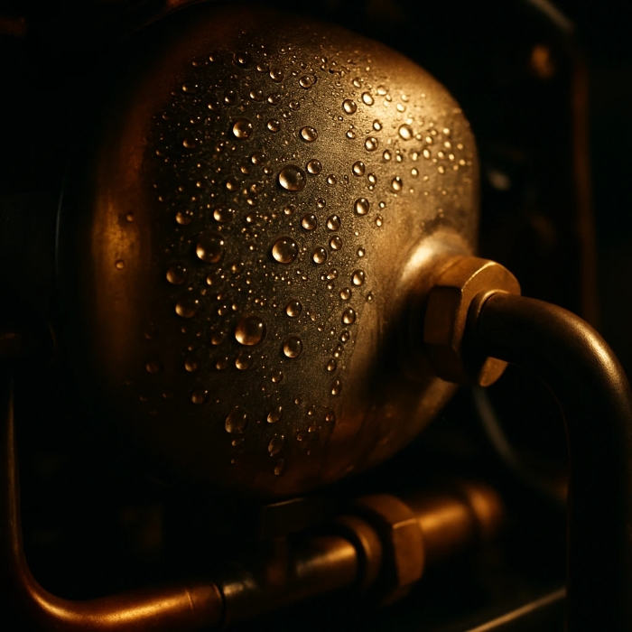 نمای درونی بویلر اسپرسوساز با بخار و ذرات آب متعادل‌شده، نور گرم 