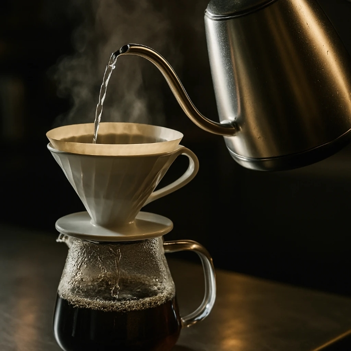 تصویر دقیق از کتری دمی که آب شفاف به دریپر می‌ریزد، 