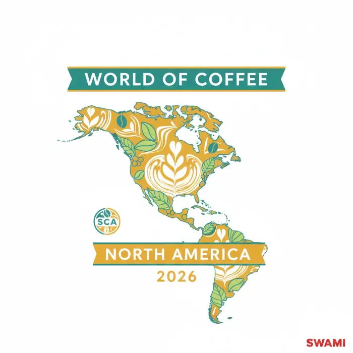Conceptual brand image for World of Coffee North America 2026: minimalist map silhouette of North America filled with latte art swirls and coffee plant leaves. Include banners and typography: 'World of Coffee North America' and small 'SCA' logo style, teal (#2CA7A4) and saffron/golden (#F4C430) palette with pistachio green (#A7C957) accents. Clean modern layout with negative space. Add a small red SWAMI watermark on the bottom-right corne
