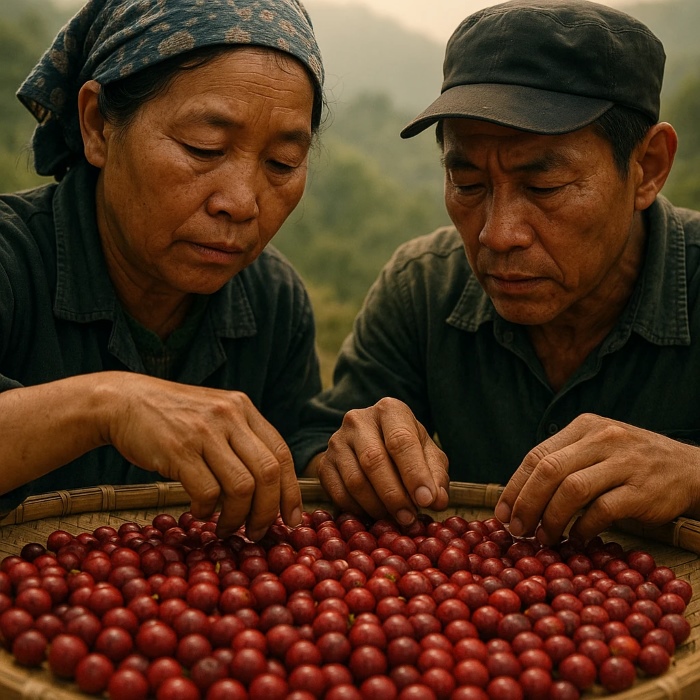 Hyper‑real close‑up of Asian coffee farmers in Yunnan sorting red cherries on bamboo trays under soft morning mist; natural light, earthy green and amber hues; cinematic realism.