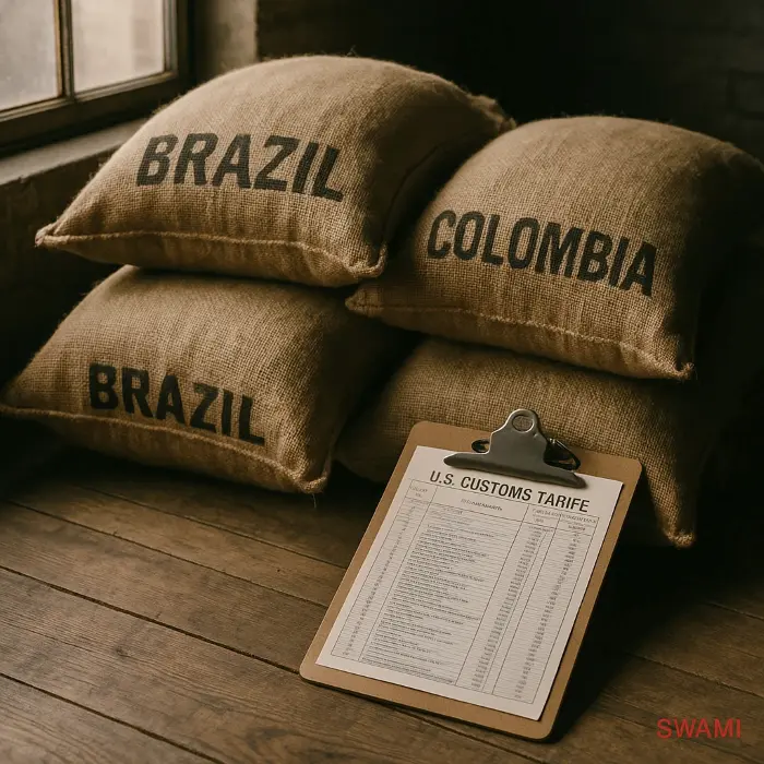 Warehouse scene with burlap sacks labeled “Brazil” and “Colombia” on a wooden floor next to a printed US customs tariff chart on a clipboard; side-window natural light, authentic newsroom photography style, detailed textures, no humans. 