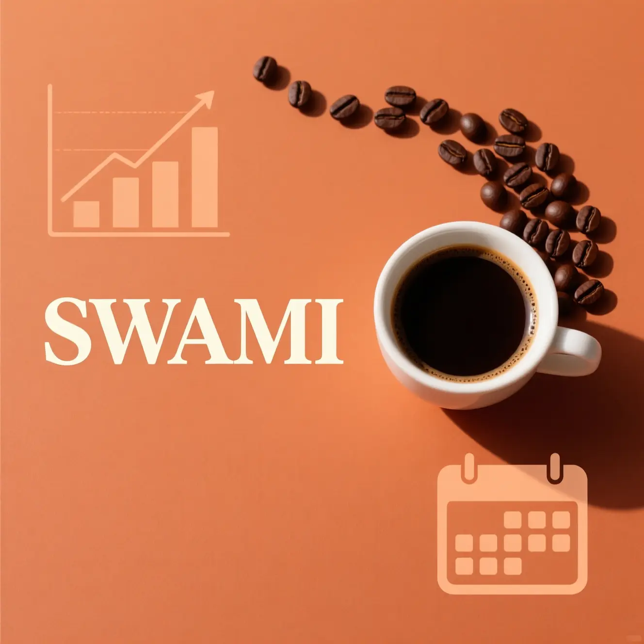 کاپ اسپرسو با دانه‌های قهوه پیرامون آن و لوگوی قرمز SWAMI