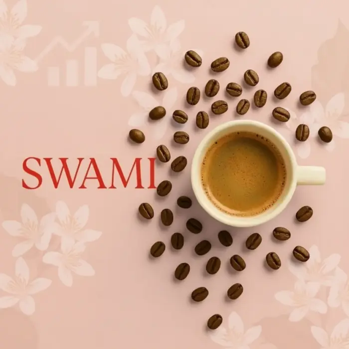 کاپ اسپرسو با دانه‌های قهوه پیرامون آن و لوگوی قرمز SWAMI