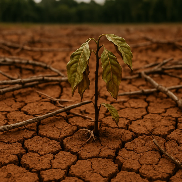  پرامپت ۲: Close-up of drought-stricken Brazilian coffee farm: cracked soil, struggling young coffee sprout, fallen dry branches, faint rainforest line in background; natural soft light, photojournalistic tone, high micro-texture, no human presence. 