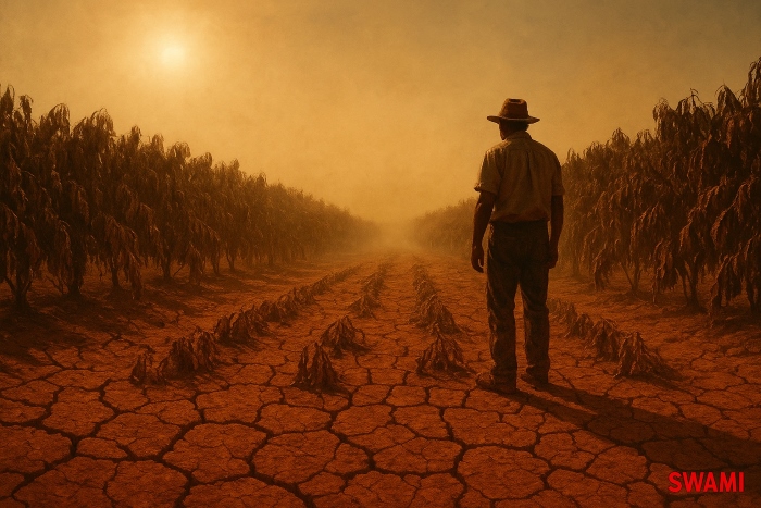 A cinematic wide‑angle shot of a Brazilian coffee farm under extreme drought: cracked red soil, wilted coffee trees under intense sunlight, thin mist of dust in the air. A lone farmer watches the barren rows. Warm desaturated tones in ochre and copper. SWAMI watermark in red