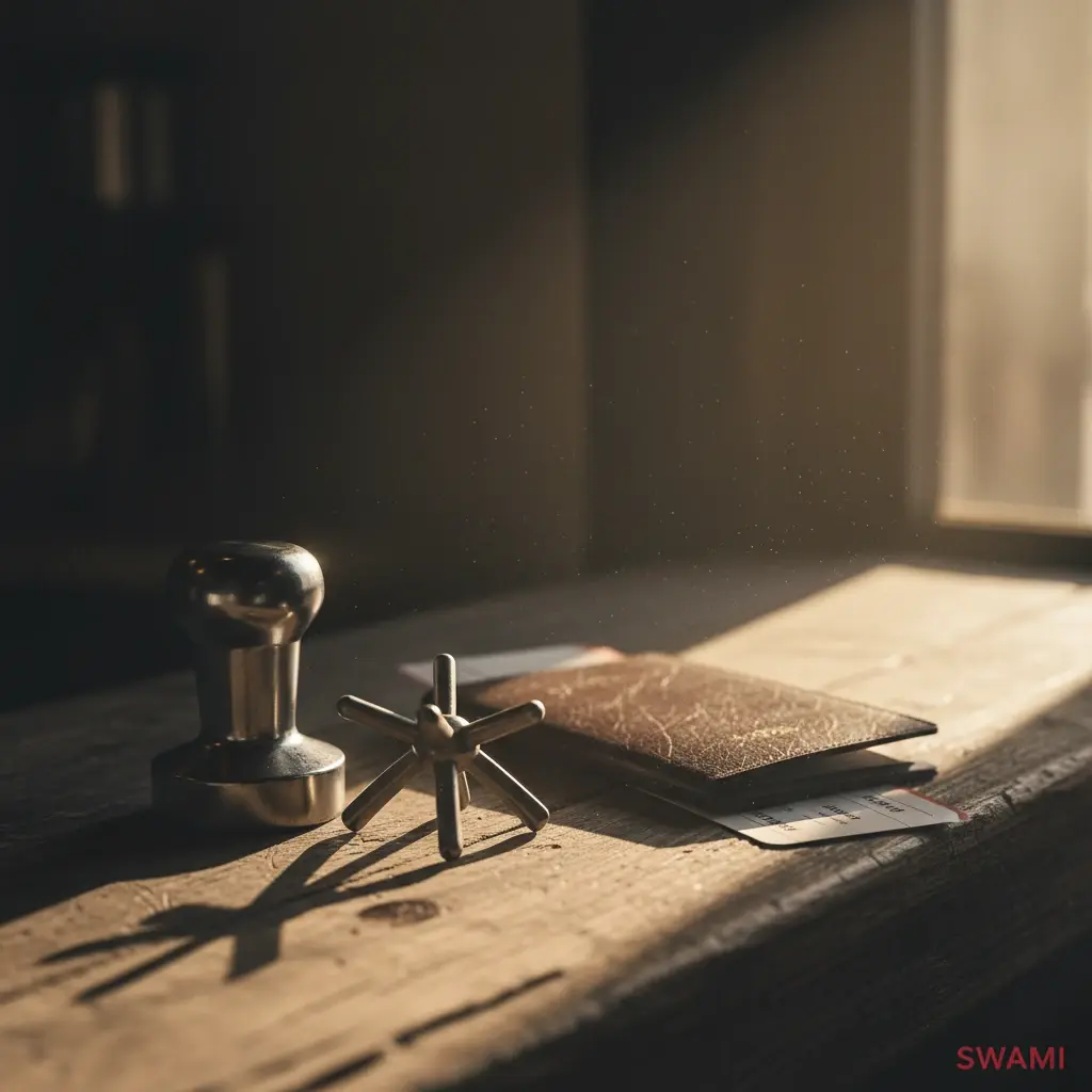 تجهیزات حرفه‌ای باریستا شامل تمپر و لولر در کنار پاسپورت، نماد چالش‌های دریافت ویزا و مشکلات سفر برای قهرمانان قهوه ایران در مسابقات جهانی.