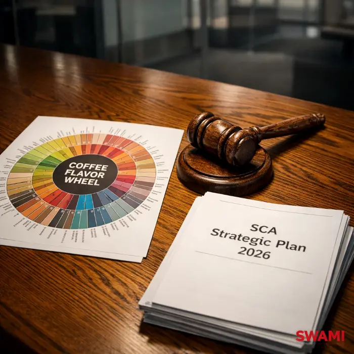 A dramatic, high-angle shot of a polished oak boardroom table. On the table, there is a specialized coffee flavor wheel chart, a gavel made of coffee wood, and a neatly stacked pile of documents labeled "SCA Strategic Plan 2026". The lighting is moody and focused, emphasizing the textures of the wood and paper. Background is a blurred office environment with glass walls. No humans. Text "SWAMI" written in bold red font in the bottom right corner of the image acting as a watermark. Aspect ratio 1:1. Photorealistic, 8k, unreal engine 5 render style. 