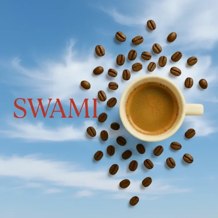 کاپ اسپرسو با دانههای قهوه پیرامون آن و لوگوی قرمز SWAMI