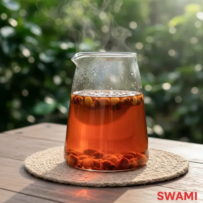نوشیدنی دمکرده کاسکارا در ظرف شیشهای با رنگ کهربایی و واترمارک قرمز SWAMI