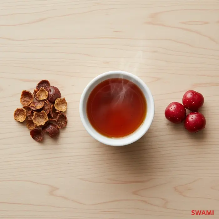 تصویر تخت مقایسه پوست خشک، چای کاسکارا و میوه تازه قهوه با واترمارک قرمز SWAMI