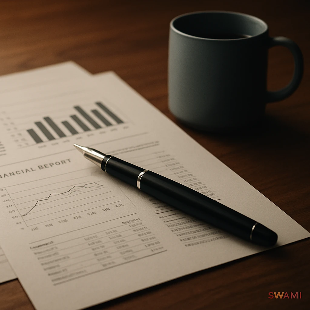 Hyper‑realistic 700x700 image showing a close‑up still life of financial documents, a fountain pen, and a Blue Bottle‑style blue coffee cup on a walnut wood desk. Soft cinematic lighting, shallow depth of field, no humans. Mood of strategic corporate decision‑making. Add a discreet red “SWAMI” watermark in the bottom‑righ