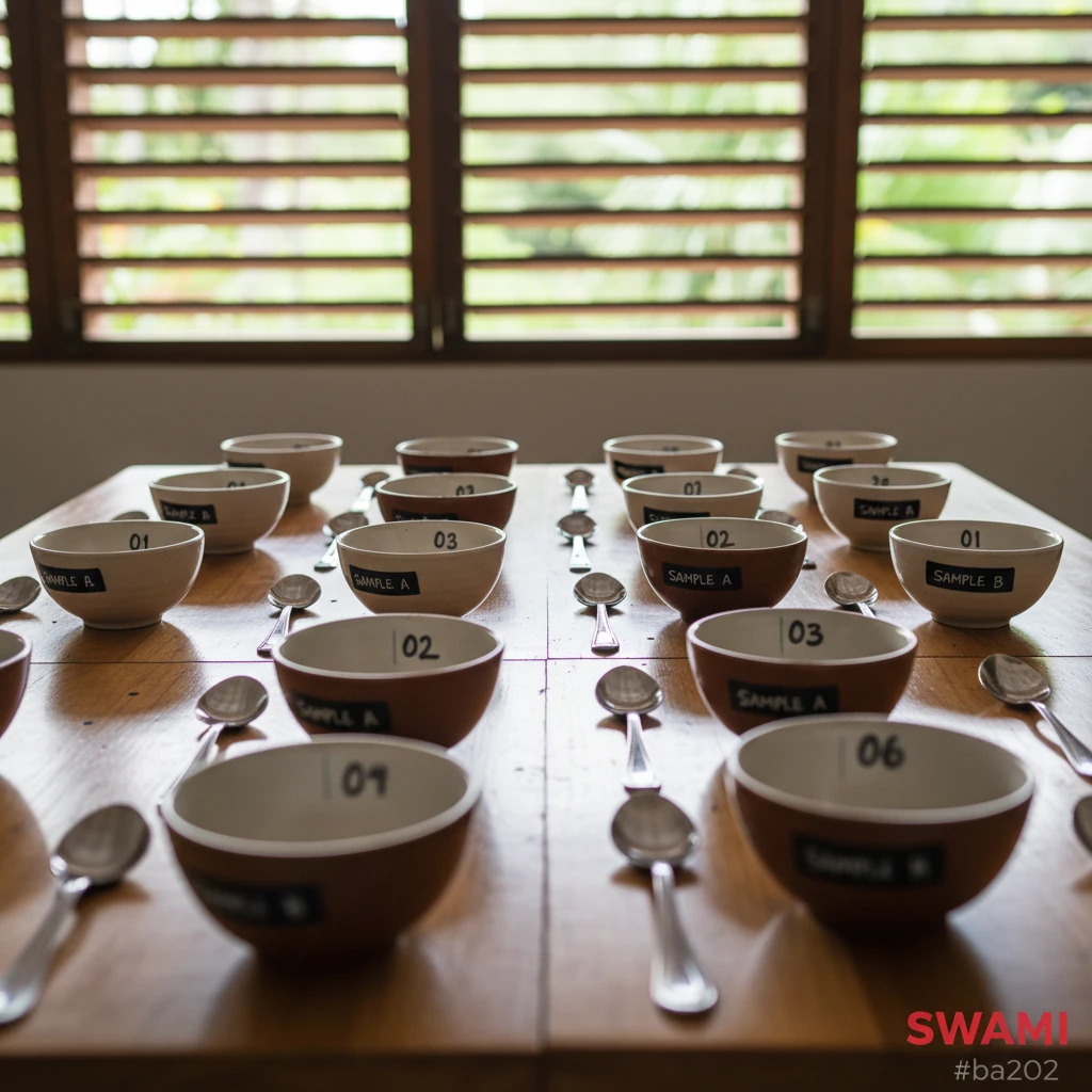 Hyper‑realistic 700x700 photo capturing an empty cupping table setup at PRF El Salvador: polished wooden table, labeled cupping bowls, sensory evaluation spoons, a backdrop of soft tropical morning light filtering through slatted windows. No humans. Natural documentary style. Add a subtle red “SWAMI” watermark in the bottom‑righ
