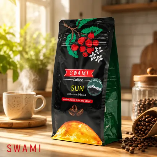 Black SWAMI Coffee packaging for the “SUN” blend (Arabica & Robusta, Golden Time: 06:15), featuring coffee cherries and a sun graphic. Photographed with a steaming cup of coffee, a wooden scoop of beans, and window light.