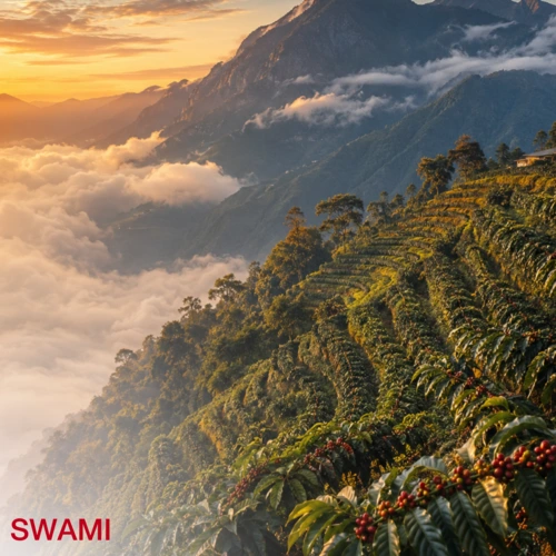 Lush green terraced coffee plantation of SWAMI brand on steep mountain slopes, surrounded by a sea of clouds and mist during a golden sunrise.