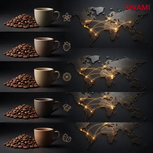 A dark, premium-style infographic showing five coffee flavor profiles. Each row features a cup of coffee beside roasted coffee beans, paired with an icon representing a flavor note: floral, berry, citrus, chocolate, and nutty. On the right side of each row, a glowing world map illustrates global sourcing and distribution routes connecting coffee-growing regions across multiple continents. The design uses black and gold tones with a luxury branding aesthetic.