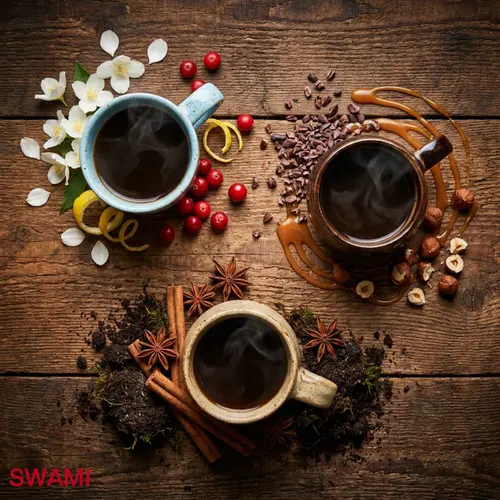 A rustic wooden tabletop displaying three steaming cups of coffee, each surrounded by ingredients that represent different flavor profiles. The top-left cup is accompanied by white jasmine flowers, red berries, and lemon peel, suggesting floral and fruity notes. The top-right cup is surrounded by cacao nibs, hazelnuts, and caramel, indicating chocolate and nut flavors. The bottom cup is paired with cinnamon sticks, star anise, and rich soil, representing earthy and spicy characteristics. The word “SWAMI” appears in red in the lower-left corner