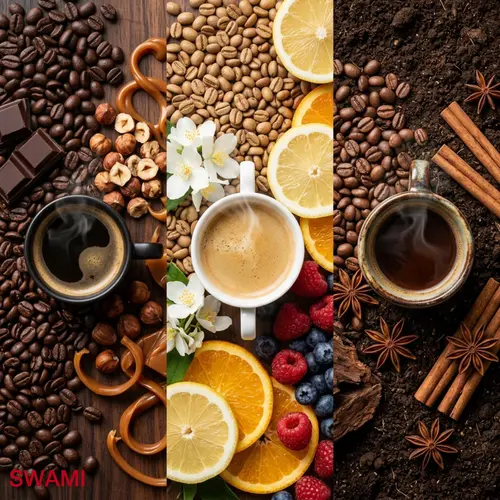 A three-panel coffee composition comparing different flavor profiles. The left panel features dark roasted coffee beans, chocolate pieces, caramel, hazelnuts, and a cup of black coffee, highlighting chocolate and nutty notes. The center panel contains light coffee beans, citrus slices, berries, white flowers, and a cup of coffee with crema, representing bright, fruity, and floral flavors. The right panel displays coffee beans, soil, cinnamon sticks, star anise, and a rustic coffee cup, emphasizing earthy and spicy characteristics. The word “SWAMI” is shown in red at the bottom-left corner.