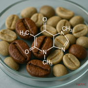 7cf4cfe5-0dfd-401d-960d-50b737055257 نمای ماکرو از دانه قهوه سبز و رستشده روی ظرف آزمایشگاهی با طرح فرمول شیمیایی، مناسب مقاله علمی تخصصی درباره شیمی طعم قهوه ترکیبات فرار قهوه، SCA، استاندارد سوآمی، تست کنترل کیفی قهوه، قندهای قهوه، چربیهای قهوه، قهوه عربیکا، قهوه روبوستا