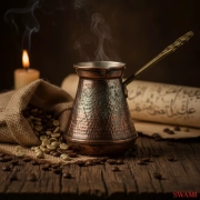 p1 عکس هنری و باکیفیت از قهوهجوش مسی قدیمی عثمانی و دانههای قهوه پراکنده روی میز چوبی، نمادی از تاریخ ممنوعیت قهوه در قرن ۱۶.