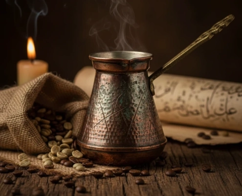 عکس هنری و باکیفیت از قهوهجوش مسی قدیمی عثمانی و دانههای قهوه پراکنده روی میز چوبی، نمادی از تاریخ ممنوعیت قهوه در قرن ۱۶.