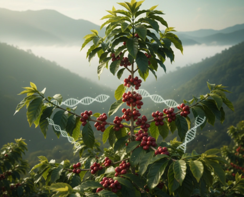 Cinematic square banner of a lush Arabica branch in soft morning light with subtle translucent DNA helices weaving through the leaves; misty Latin American mountains; pistachio and saffron palette; red ‘SWAMI’ watermark bottom-right.”