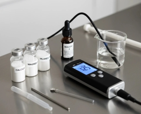 تصویر کلوزآپ از کیت اندازه‌گیری آب قهوه روی میز استیل با واترمارک قرمز SWAMI.