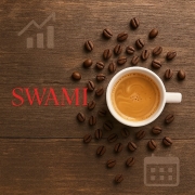 کاپ اسپرسو با دانه‌های قهوه پیرامون آن و لوگوی قرمز SWAMI