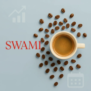 کاپ اسپرسو با دانه‌های قهوه پیرامون آن و لوگوی قرمز SWAMI