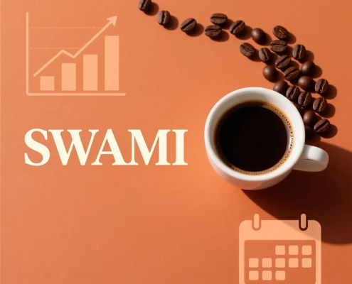 کاپ اسپرسو با دانه‌های قهوه پیرامون آن و لوگوی قرمز SWAMI