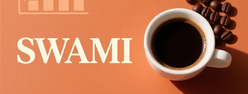 کاپ اسپرسو با دانه‌های قهوه پیرامون آن و لوگوی قرمز SWAMI
