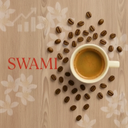 cover کاپ اسپرسو با دانههای قهوه پیرامون آن و لوگوی قرمز SWAMI