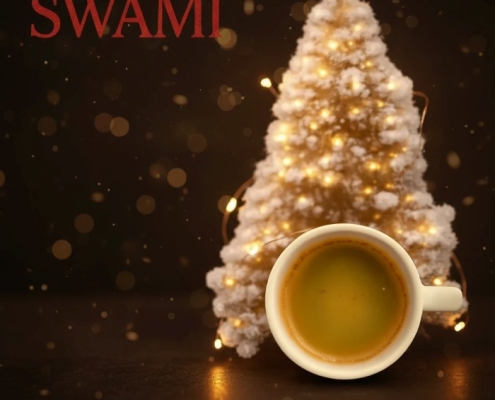 کاپ اسپرسو با دانههای قهوه پیرامون آن و لوگوی قرمز SWAMI